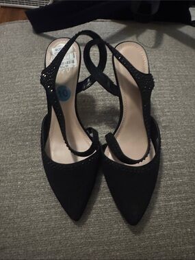Black Pointed-Toe Slingback Heels with Rhinestone Detail - Unbranded